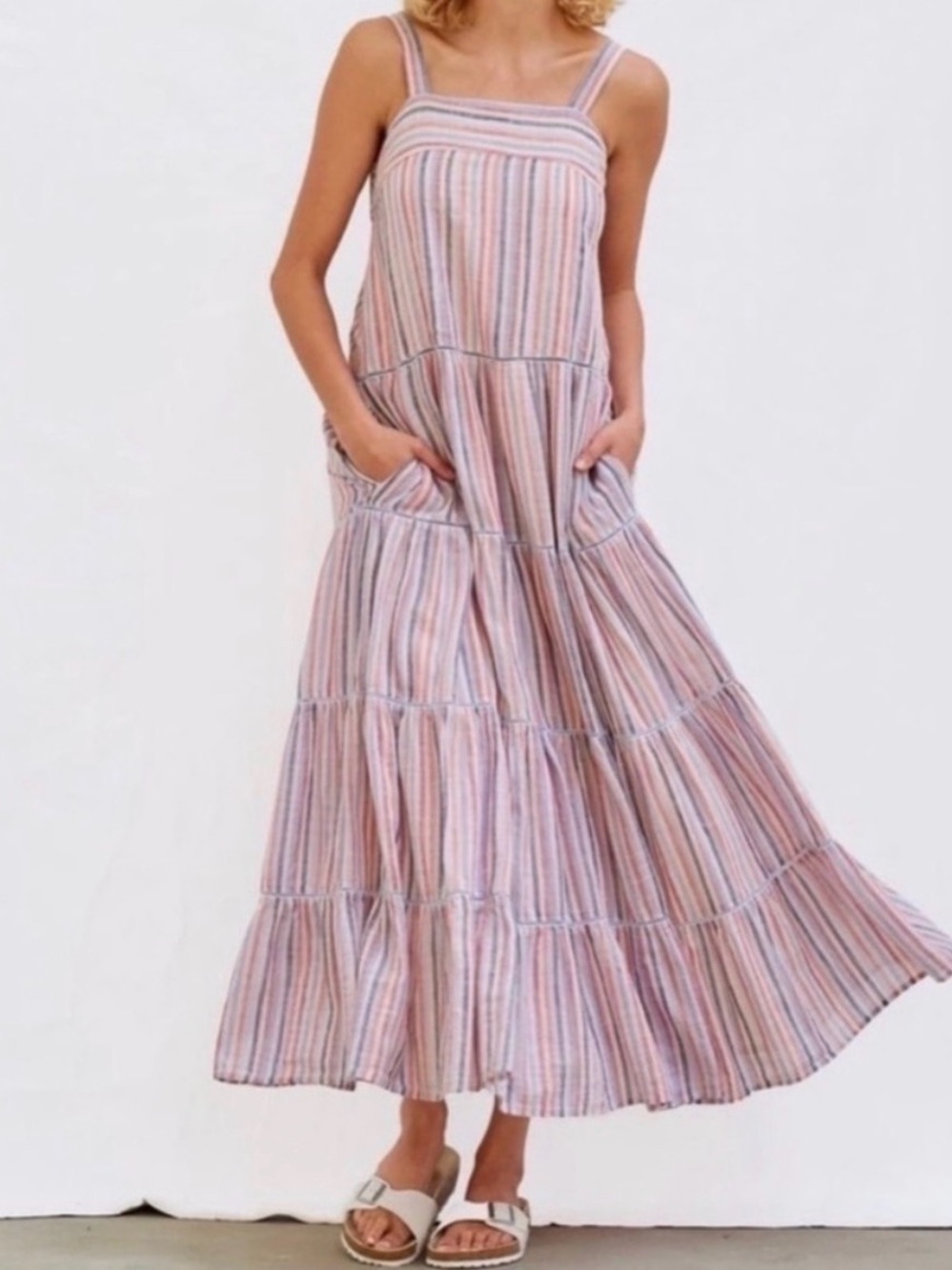Sundry Multicolor Striped Cotton Top - Coral, Sky Blue & Gray